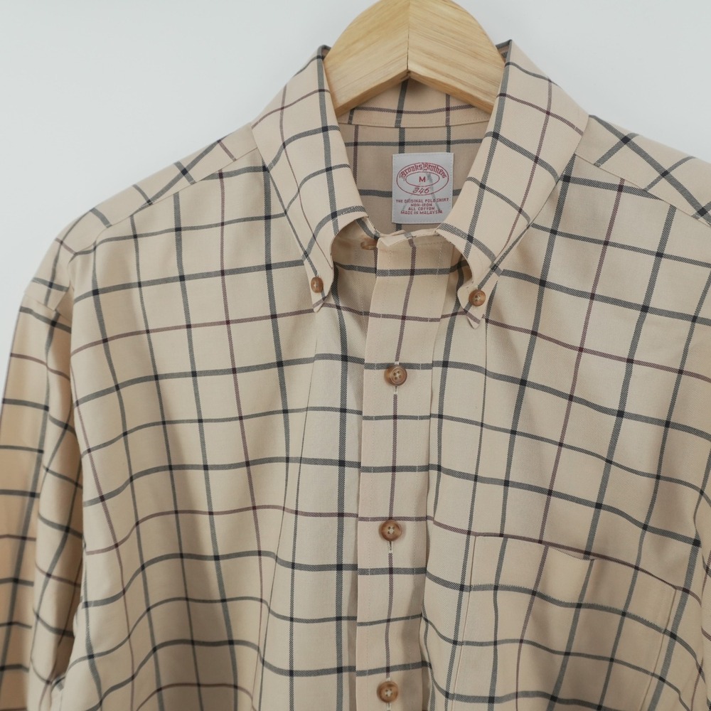 Brooks Brothers 346 Button Down Shirt Mens M Tan Tattersall Check Cotton
